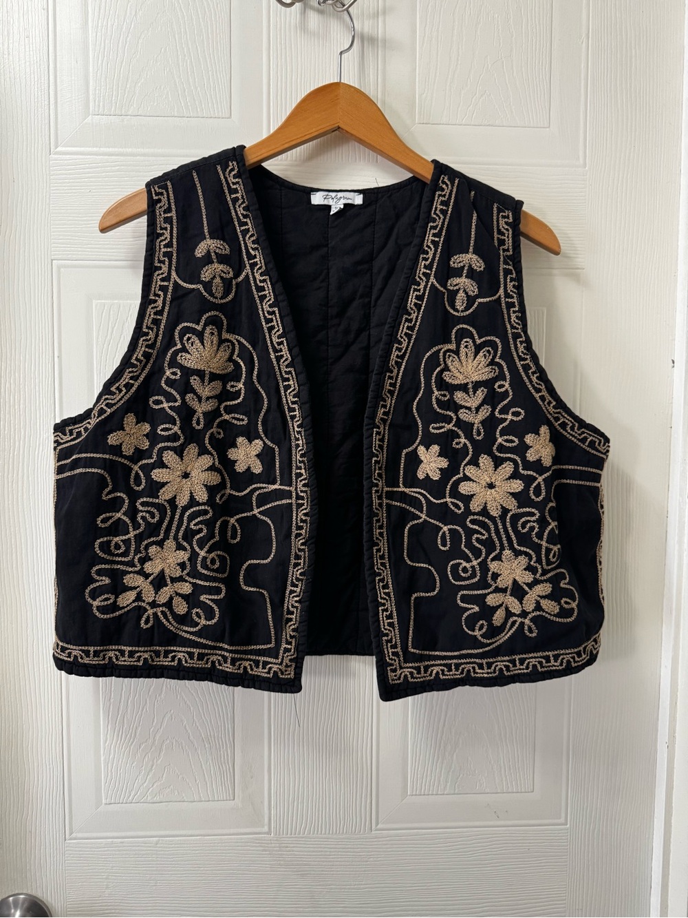 Polagram Black Vest with Cream Floral Embroidery